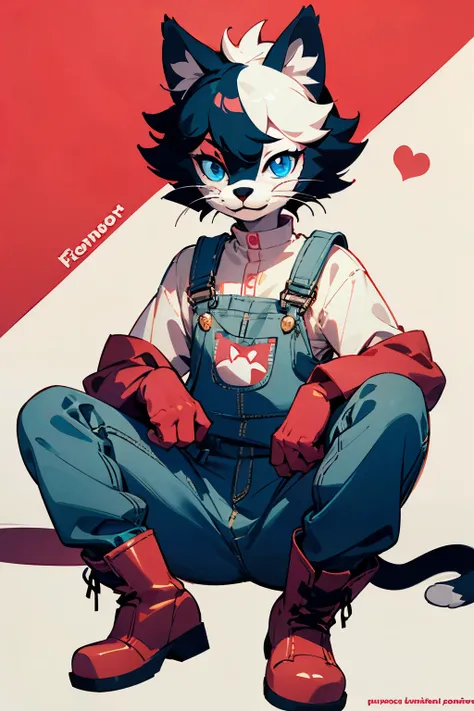 Black and white cat using overalls, red boots, pink nose, blue eyes, femboy, digital artwork, furry fandom character 