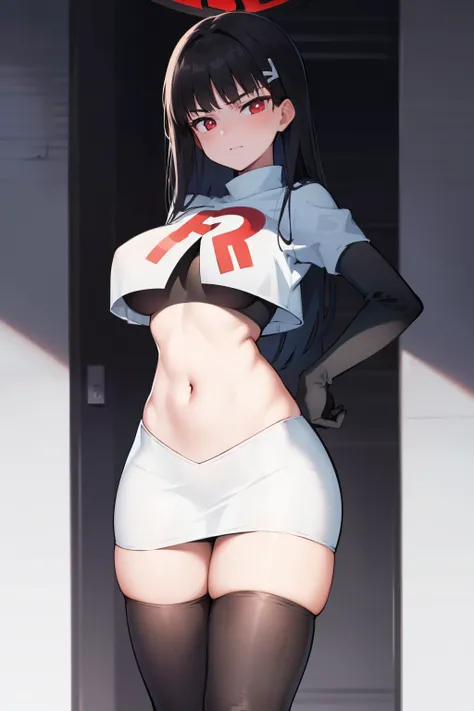 Rio, blue archive, black hair, halo halo, red eyes, face focus, mature female, large breast, head focus,team rocket,team rocket uniform,white skirt,red letter R,crop top,black thigh-highs,black elbow gloves