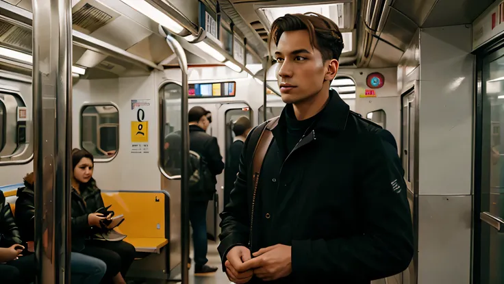 A young man on the subway was suddenly attracted by a creative advertisement, and he stopped to carefully watch. Vision 8k smooth