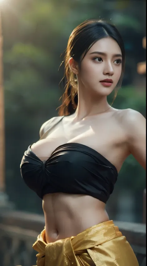 beautiful girl ,thai women&#39;warrior, walking at thai measure, dynamic poses, thai chat set, strapless shirt, long hair,black ...