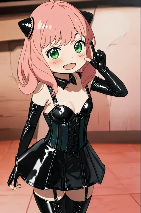 (((chibi)))、(((Lori)))、(((Child&#39;s body shape)))、(((low length)))、(((3 heads)))、Slightly chubby、BDSM、Queen、mistress、girlが1人、solo、(((Long gloves covered to the fingertips in black latex)))、(((Black latex corset dress:1.4)))、(((The corset dress is decorat...