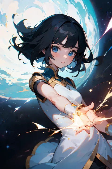 Anime girl with cosmic powers short straight black hair