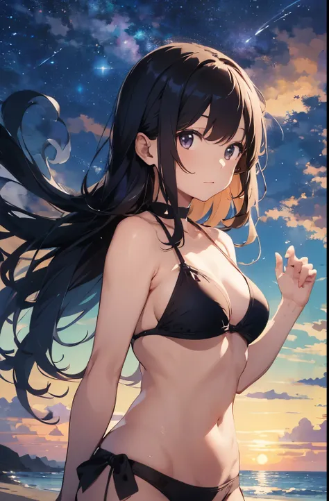 Japanese anime style,A young girl stands on a deserted white sand beach, Red Bikini、Red Bikiniを着ている,A beautiful sunset in the background, Starry sky and sea、The girl has a relaxed look, Capture the calm and tranquil atmosphere of a beach evening、Beautiful ...