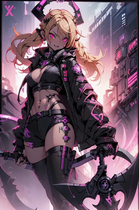 One girl, Rebecca (cyber punk), ((Cowboy Shot)),(( Giant Scythe, Half the screen size:1.3 )),alone, Blonde braids, glowing Red eyes,laugh fearlessly, Leg Tattoos, neck tattoo,  Large Breasts, Black bra, String, Red pupils, Leather Fang, Red eyes, Black jac...