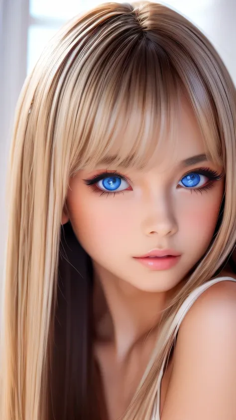 Unparalleled beauty, Glossy, radiant and firm skin, Bangs between the eyes, Shiny straight beautiful natural platinum blonde, Super long straight silky hair, Eyeliner, Sexy, beautiful and innocent 15 year old, Big beautiful bright blue eyes in high definit...