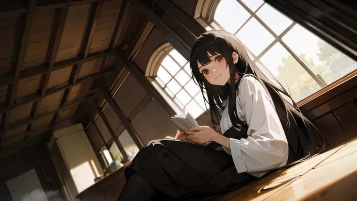 Young beautiful girl、solo、Black Hair、Straight Hair、Black Stockings、Large fixed window、Light pink blouse、Brown eyes、sitting in a chair by the window reading a book、shy、Meeting Gaze、ruddy cheeks、A sloppy smile、A large wooden library with high ceilings、((Low ...