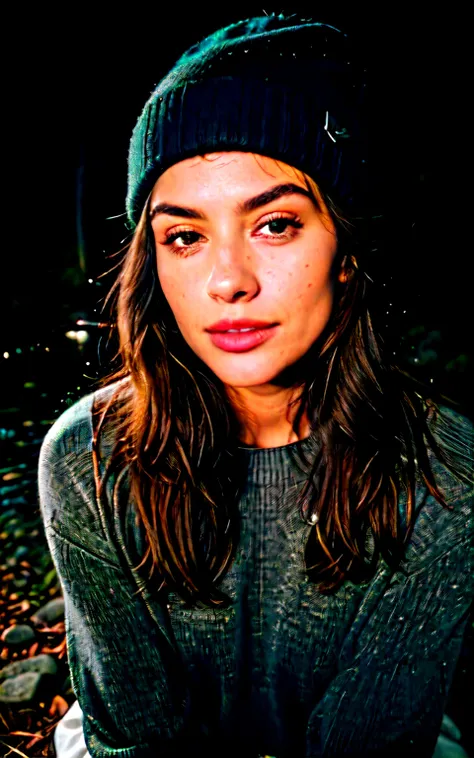 photorealistic, best quality, hyper detailed, beautiful woman, selfie photo, upper body, solo, wearing pullover, outdoors, (night), mountains, real life nature, stars, moon, (cheerful, happy), sleeping bag, gloves, sweater, beanie, flashlight, forest, rock...