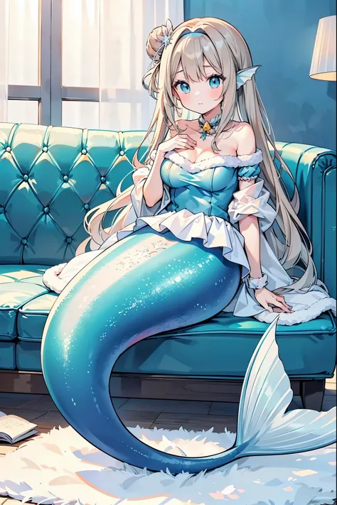 masterpiece, best quality(Full fingers),A woman,SUOMICHRISTMAS,Large Breasts,Mermaid,藍色的Mermaid尾巴,full-body shot,bedroom,Sitting on the sofa,charming脸(Kawaii, charming,Soft)