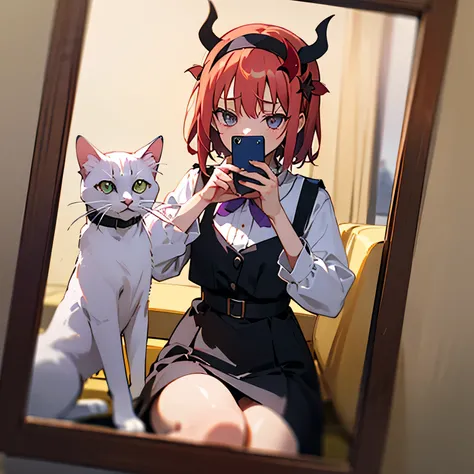 Satanichia Mcdowel dressed in purple aesthetic clothing taking a photo with her phone from her mirror with her white kitten