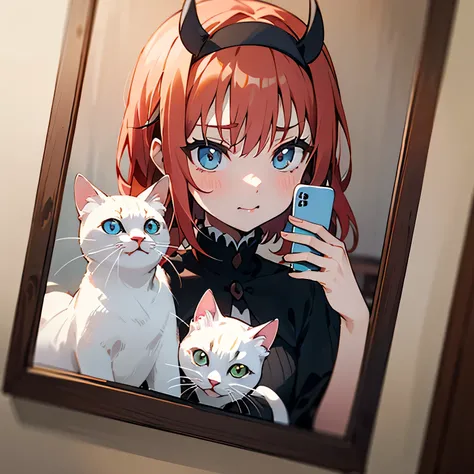 Satanichia mcdowel in pretty clothes taking a photo with her phone from her mirror with her spotted white kitten