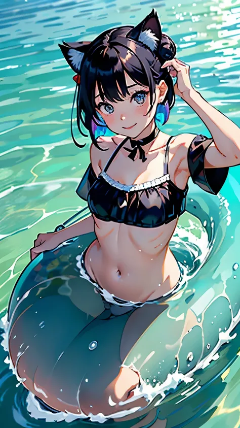 (highest quality, masterpiece, High resolution)、(Anime Art 4k)、(Concept Art)、Cinematic Light、Soft Light、(One Girl、18-year-old)、(whole body)、(Water Play)、Black Hair、(Colorful Swimsuits)、(Brightly colored design)、Layer up with loose fitting T-shirts、Off the ...