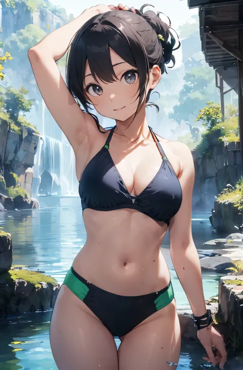 High resolution、
一人のbeautiful若い女性、
Japanese anime style,
(Masterpiece 1.5),super high quality, Very detailed,Perfect drawing,NFSW、beautiful woman、beautiful, Glowing Skin、A kind smile、beautiful black hair、Braiding、(((beautiful水着)))、(((Luxury Swimwear))),3D、...