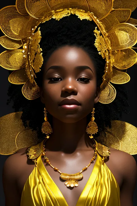 In the heart of a tranquil dojo, a captivating Black Nubian woman exudes radiance and rhythm as she skillfully plays drums, dressed in a mesmerizing black and gold silk kimono. The kimono glitters and shimmers, reflecting vibrant beautiful colors that danc...