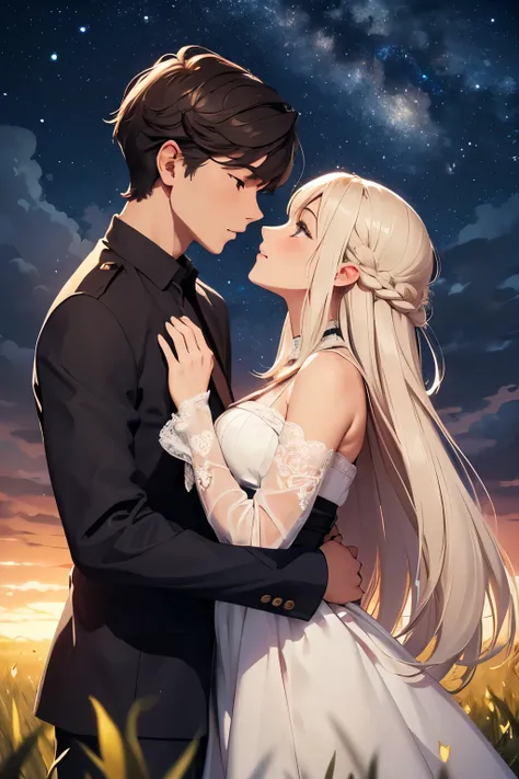 (a masterpiece:1.2,high quality),a girl and a guy kiss happily,the camera is close to them, standing tall, standing in a field, the night, the stars, the moon in the sky