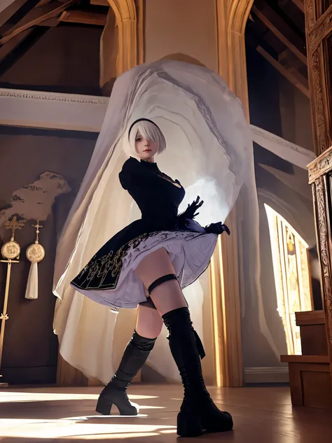 nier:Beautiful cosplay of 2B from Automata、A woman cosplaying as 2B、White skin、tall、21 years old、Englishman、nier:2B&#39;s black costume from Automata、Light background、Fantasyな教会を背景に、Standing tall in the middle of the church、Shooting from a diagonal angle、m...