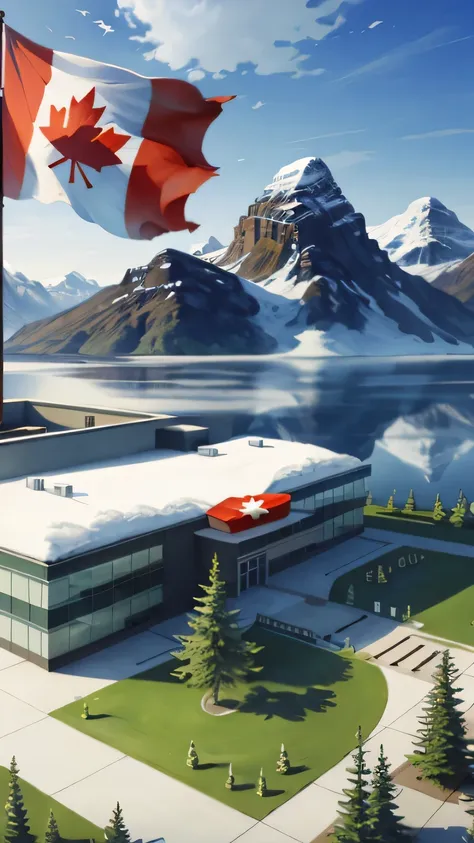 Canadian flag in the distance，Teaching building，beautiful，Realistic