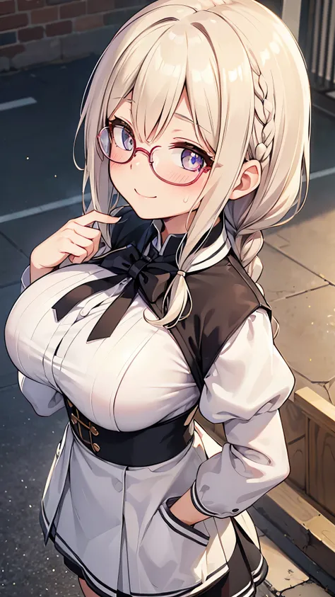 (high quality, High resolution, The finer details), Sidewalk, Side view, alone, girl, Braid, , Sparkling eyes, (large round frame glasses), (Beautiful Eyes), Big Breasts, ((A kind smile)), blush, Sweat, Oily skin, (Focus plane), Shallow depth of field