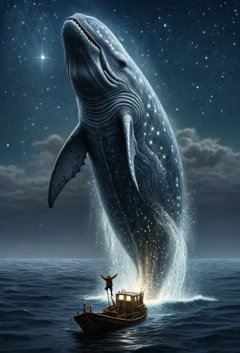 A huge gray whale jumps out of the starry sea, Magnetic storms, night, starry sky sea, huge gray whale in the starry sky, Jean-Baptiste Monge, anthropomorphic --ar 2:3 --testp - optimistic;  