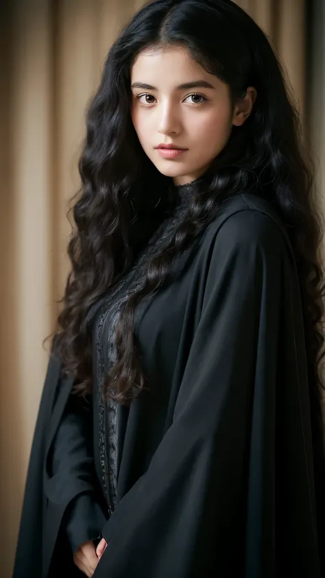 arafed woman with long black hair wearing a veil, beautiful jewish woman, young middle eastern woman, black long curly hair, editorial portrait, in a cloak with long hairs, long black curly hair, portrait of a young witch, long dark curly hair, inspired by...