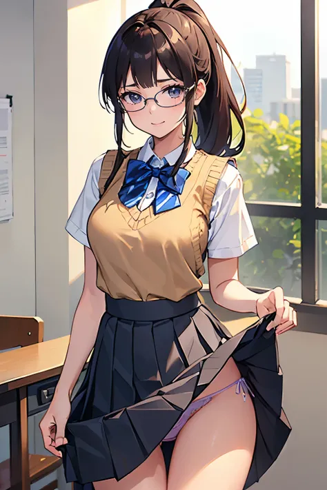 masterpiece、highest quality、1 girl、high school girl、18-year-old、Perfect Face、Shiny skin、Random Uniform、(ponytail)、Big eyes、tall)、Beautiful Hair、Beautiful Eyes、Perfect proportions、Beautiful thighs、Beautiful legs、Beautiful fingers、((Glasses、High-quality fabr...