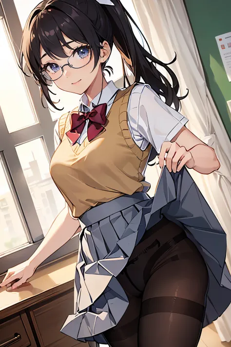 masterpiece、highest quality、1 girl、high school girl、18-year-old、Perfect Face、Shiny skin、Random Uniform、(ponytail)、Big eyes、tall)、Beautiful Hair、Beautiful Eyes、Perfect proportions、Beautiful thighs、Beautiful legs、Beautiful fingers、((Glasses、High-quality fabr...