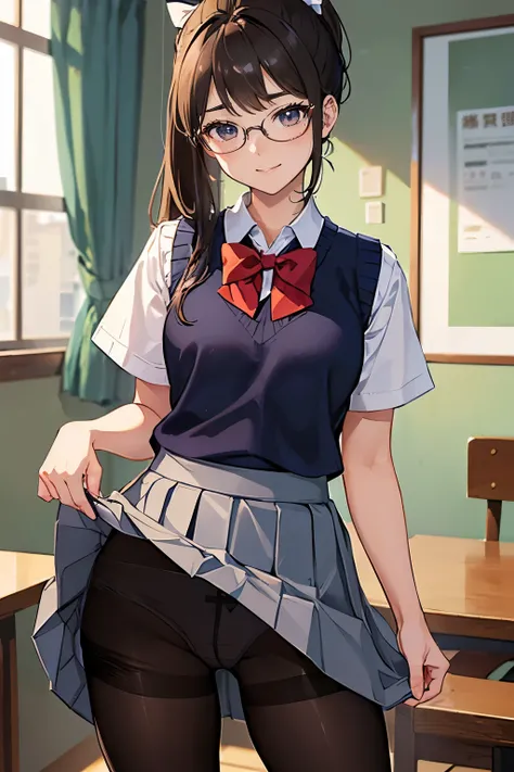 masterpiece、highest quality、1 girl、high school girl、18-year-old、Perfect Face、Shiny skin、Random Uniform、(ponytail)、Big eyes、tall)、Beautiful Hair、Beautiful Eyes、Perfect proportions、Beautiful thighs、Beautiful legs、Beautiful fingers、((Glasses、High-quality fabr...