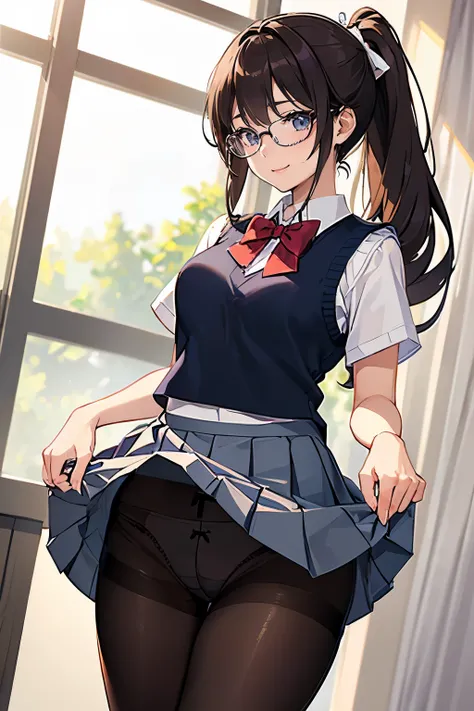 masterpiece、highest quality、1 girl、high school girl、18-year-old、Perfect Face、Shiny skin、Random Uniform、(ponytail)、Big eyes、tall)、Beautiful Hair、Beautiful Eyes、Perfect proportions、Beautiful thighs、Beautiful legs、Beautiful fingers、((Glasses、High-quality fabr...