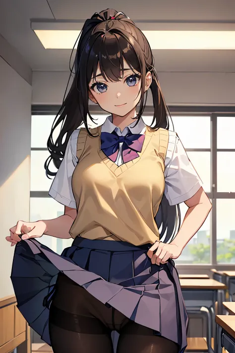 masterpiece、highest quality、1 girl、high school girl、18-year-old、Perfect Face、Shiny skin、Random Uniform、(ponytail)、Big eyes、tall)、Beautiful Hair、Beautiful Eyes、Perfect proportions、Beautiful thighs、Beautiful legs、Beautiful fingers、((High-quality fabric、brown...