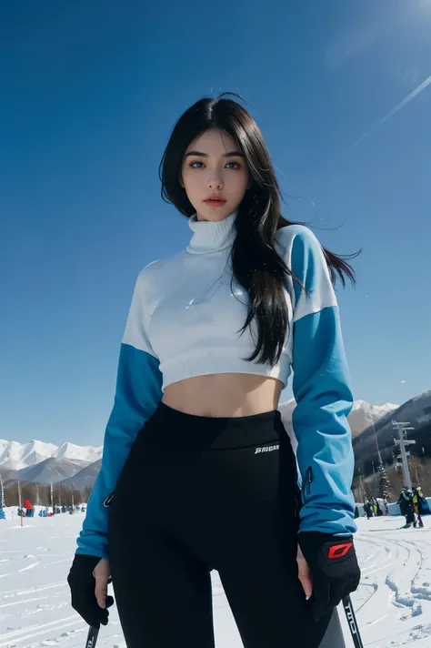 black hair, Madison Beer, Nicola Cavanis, ski pants, topless, 8K, top quality, 복잡한 Detail, very detailed content, ultra high resolution, masterpiece, enlargement, (whole body: 1.1), slim, laugh, (assembly: 0.4), (puffy blue eyes: 1.21), blue eye wool body)...