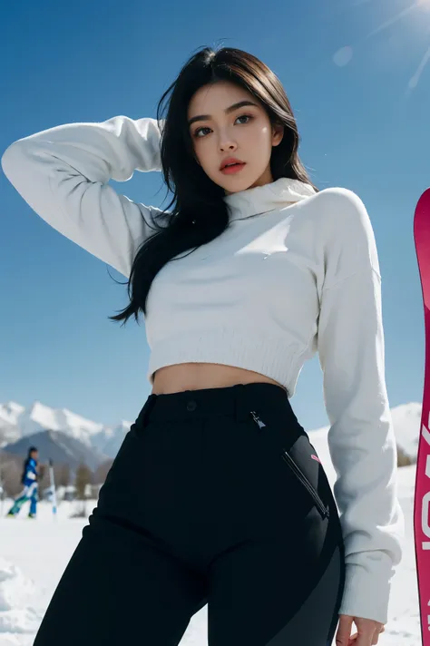 black hair, Madison Beer, Nicola Cavanis, ski pants, topless, 8K, top quality, 복잡한 Detail, very detailed content, ultra high resolution, masterpiece, enlargement, (whole body: 1.1), slim, laugh, (assembly: 0.4), (puffy blue eyes: 1.21), blue eye wool body)...