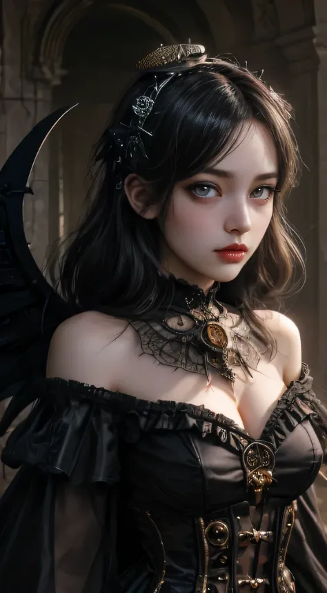 Mechanical Doll Girl, very cute，very cute, (((Very super realistic))), (((Very realistic and precise eyes))), (((Victorian Rococo style, metallic feel, shiny metal, Clothes that shine like metal, Gothic and Lolita, Off the shoulder, Very over the top steam...