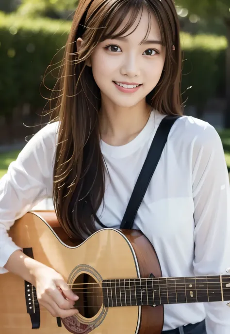 (masterpiece, best quality:1.1), (8k, raw photo, photo realistic:1.2, f22), (shiny skin), detailed skin,long hair,detailed face, detailed eyes, smile,BREAK, real world, intricate details, smil, BREAK, 1girl, (white,pants), BREAK, (guitar, play:1.4), BREAK
