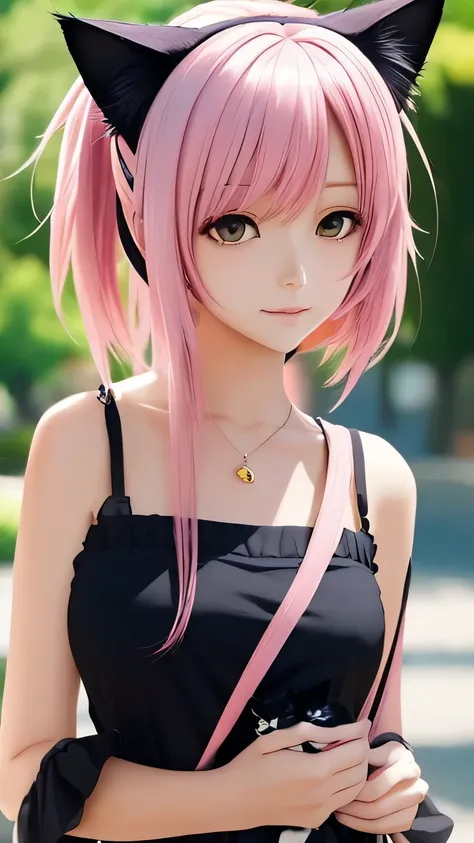 There is a woman with pink hair and cat ears., Very beautiful cute cat girl, Charming cat girl, Real life anime girls, Ultra realistic anime, beautiful Anime cat girl, Anime cat girl, Beautiful young cat girl, Very Beautiful Anime Cat Girl, Surreal , Encha...