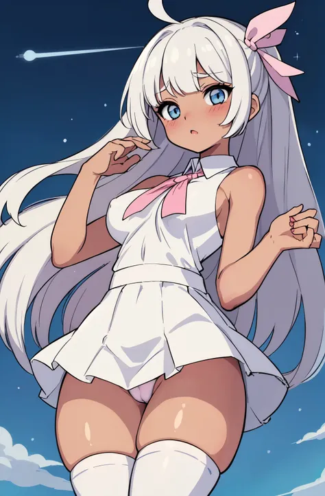 (( close、16k、highest quality、Attention to detail、Rich skin detail, nsfw、Loli)),(((((Brown Skin)))))、(Muscular)、 (Beautiful Eyes), ((Huge breasts、Raise your hand、Both armpits、Spreading her legs、Crouching))、 ((School Uniform、Light blue panties、White Shirt、Pi...