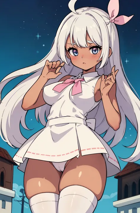 (( close、16k、highest quality、Attention to detail、Rich skin detail, nsfw、Loli)),(((((Brown Skin)))))、(Muscular)、 (Beautiful Eyes), ((Huge breasts、Raise your hand、Both armpits、Spreading her legs、Crouching))、 ((School Uniform、Light blue panties、White Shirt、Pi...