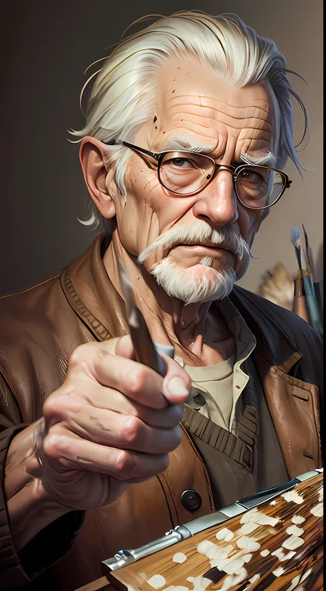 epic realistic, high-quality artwork of a oldman, oil painting, Pointing his finger to the camera (rough brush strokes:1.4)