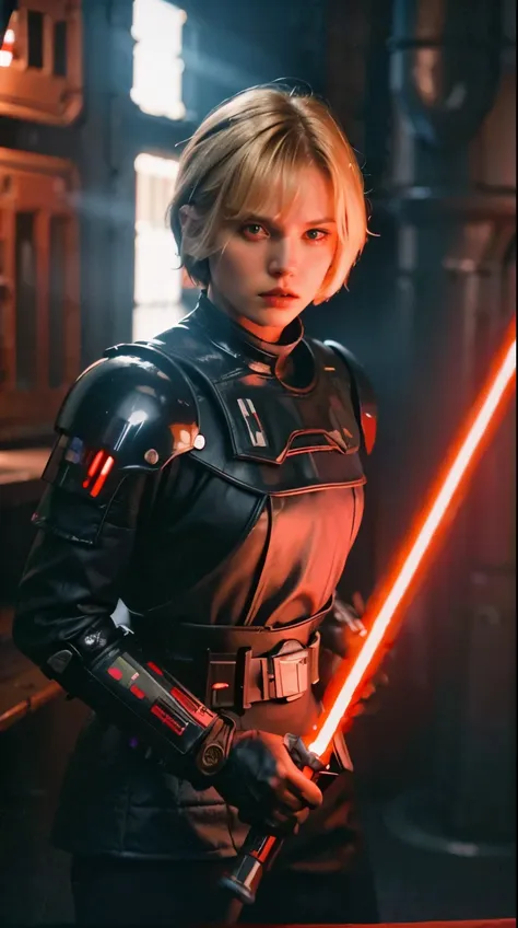 15 years old, short bob cut blonde hair, bang, fierce expression, sith lord from star wars, wearing dark armor, holding a red li...