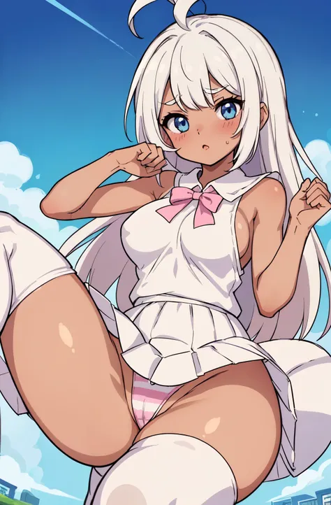 (( close、16k、highest quality、Attention to detail、Rich skin detail, nsfw、Loli)),(((((Brown Skin)))))、(Muscular)、 (Beautiful Eyes), ((Huge breasts、Raise your hand、Both armpits、Spreading her legs、Crouching))、 ((School Uniform、Pink Striped Panties、White Shirt、...