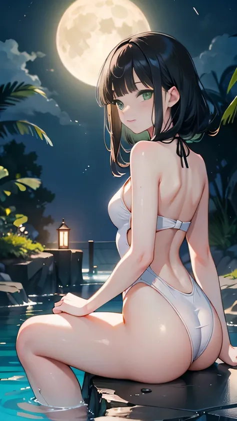 full body,low angle,from below,(looking back at the viewer),♥(one piece swimsuit),((1girl,cute,young,Semi long beautiful black hair,blunt bangs,beautiful green eyes)),(solo),((masterpiece, highest resolution,best quality)), ((realistic:1.5,Beautiful girl R...