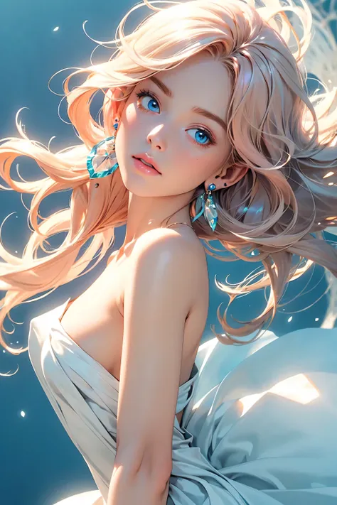 ((best quality)), ((masterpiece)), (detailed), detailed skin, sapphire eyes, long peach hair with thick waves, white silk dress,...