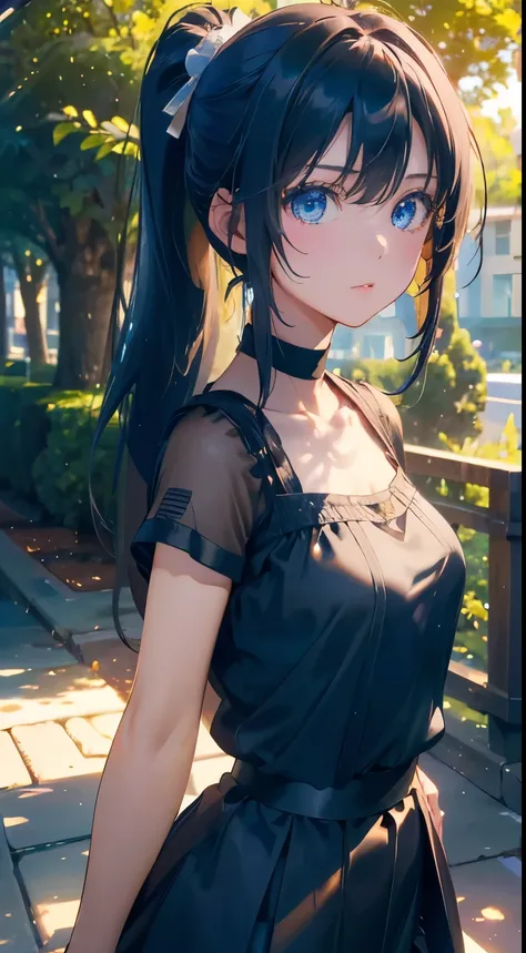 top-quality、Top image quality、​masterpiece、girl with((cute little、18year old、Best Bust、Medium bust、Bust 85,Beautiful blue eyes、Breasts wide open,Ponytail with black hair、A slender、Blue hair mesh、Beautiful black pitchley t-shirt、Beautiful black short skirt,...