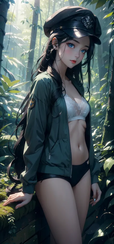 1 female，Small Loli（background：In the woods，Rainforest，In the summer，Strong wind） She has long black hair，Extra long hair，Long hair flying，Straight Hair，Red lips，stand up，Front view， OK， Gloomy sky，（（（masterpiece），（Highly detailed CG Unity 8k wallpaper），最O...