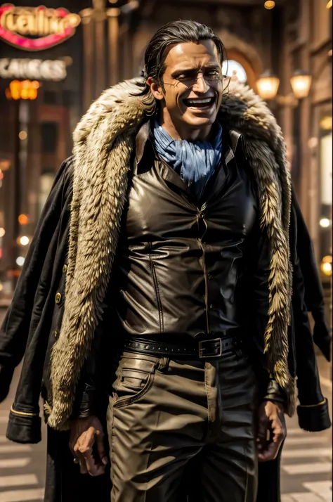 masterpiece, best quality, extremely detailed, hyperrealistic, photorealistic, a cool 40s man, ultra detailed face:1.2, fur-trimmed coat, scarf around the neck, his left hand is a golden pirate hook:1.1, ultra detailed casino, dunamic pose, laughing