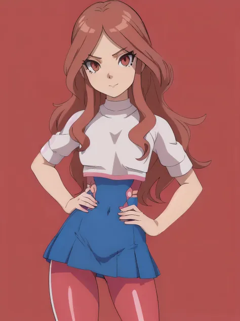 nelly(inazuma_eleven),(best quality:1.1),(ultra detailed:1.1),(detailed eyes:1.1),solo,looking at viewer,sexy,nelly(inazuma_eleven),medium breast,blue leggins,Latex skirt,hand on hips,sexy,big 