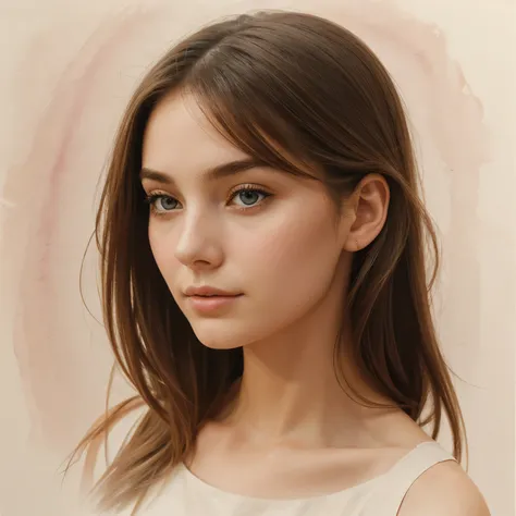 Create a portrait of a young American woman with an ethereal and serene expression, reminiscent of a watercolour painting with a mixture of realism and abstraction. The womans centred, far-away gaze gives her eyes a sense of thoughtfulness and serenity. He...