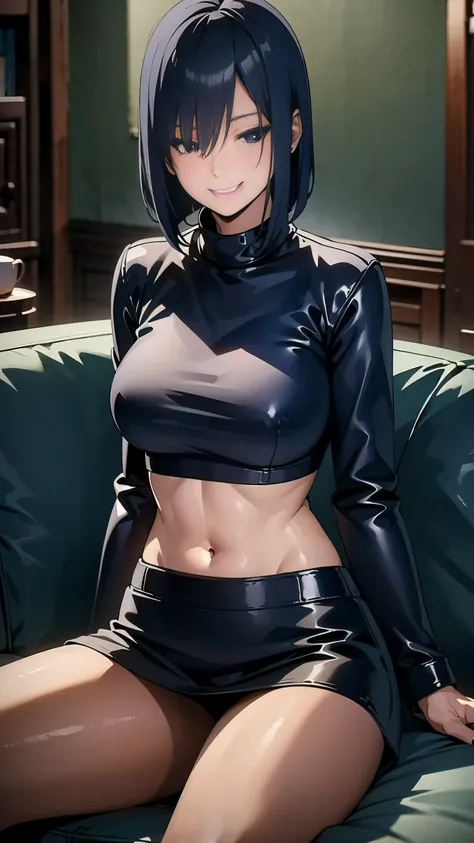 Navy Blue Hair、(Slutty Smile:1.4)。Front view、living room、Sit on the sofa、drinking beer、(Mature Woman, older sister, Big Breasts:0.8)、Slim Body。Black leather jacket、Crop top、Leather skirt、