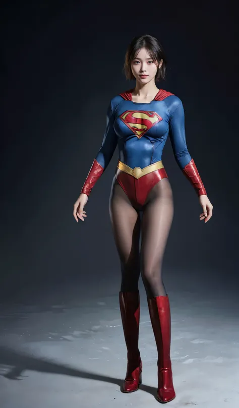 No background、(((Beautiful legs in black tights.)))、(((Legally express the beauty of your smile)))、((((Make the most of your original images)))、(((Supergirl Costume)))、(((beautiful short bob hair)))、(((suffering)))、(((Please wear black tights....、Wear red ...