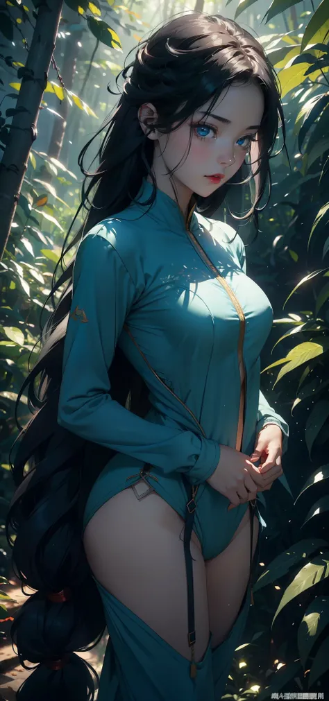 1 female，Small Loli（background：In the woods，Rainforest，In the summer，Strong wind） She has long black hair，Extra long hair，Long hair flying，Straight Hair，Red lips，stand up，Front view， OK， Gloomy sky，（（（masterpiece），（Highly detailed CG Unity 8k wallpaper），最O...