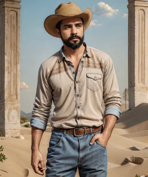 obra maestra, desenfoque de campo, parte superior del cuerpo, hands in pants pockets , 38 year old man with beard and cowboy hat...