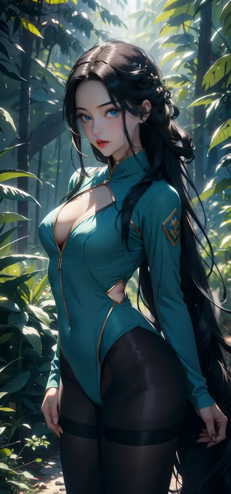 1 female，Small Loli（background：In the woods，Rainforest，In the summer，Strong wind） She has long black hair，Extra long hair，Long hair flying，Straight Hair，Red lips，stand up，Front view， OK， Gloomy sky，（（（masterpiece），（Highly detailed CG Unity 8k wallpaper），最O...